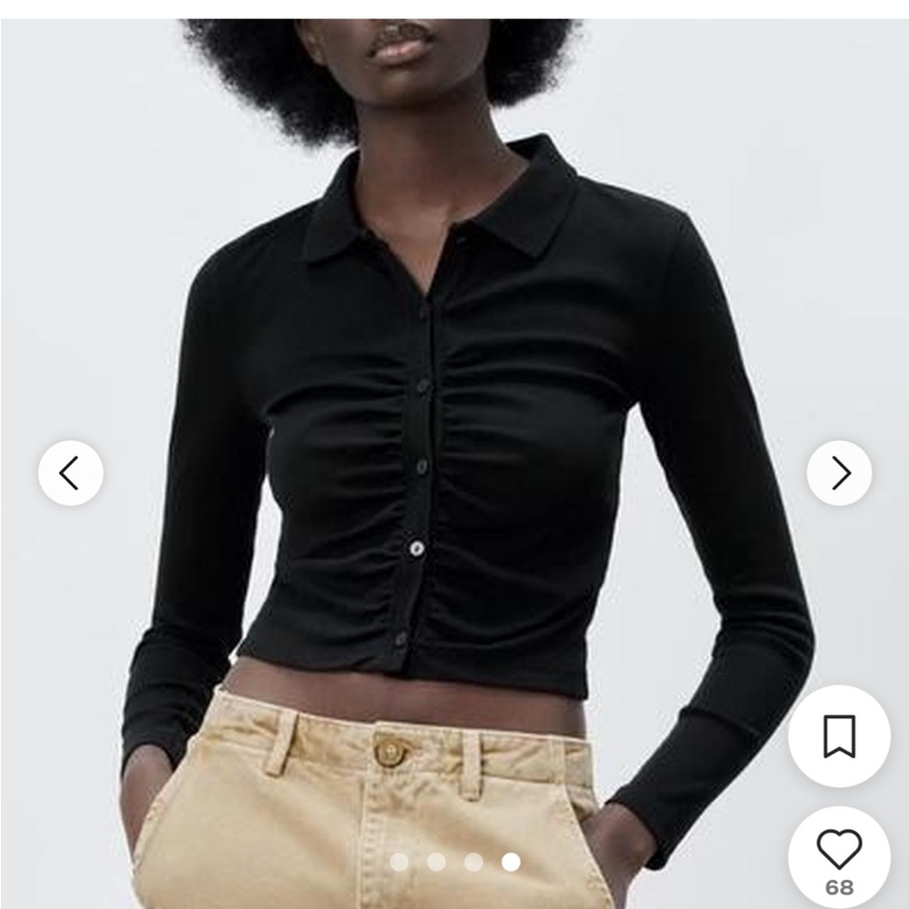 Zara Black Ruched Button-Front Long Sleeve Crop Top